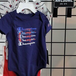 Champion Baby Boys' 3-Piece Set - Navy Bodysuit, Grey & Red Shorts - Sz 3-6 Mos